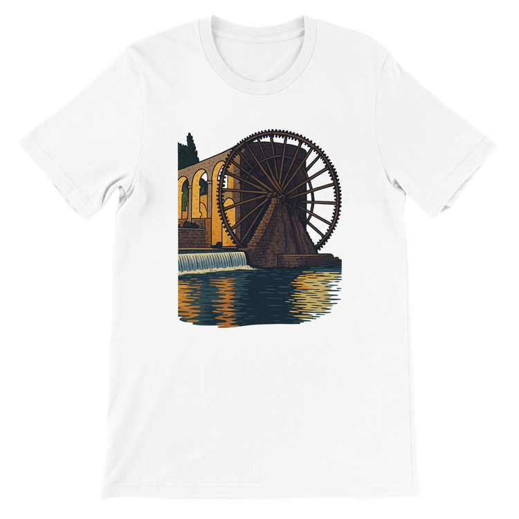 White graphic t-shirt featuring animated Hama WaterWheels of Syria in vibrant artistic style. Premium unisex tee made from soft Airlume cotton for comfort and durability. Perfect for travel lovers, world landmark enthusiasts, and streetwear fashion.