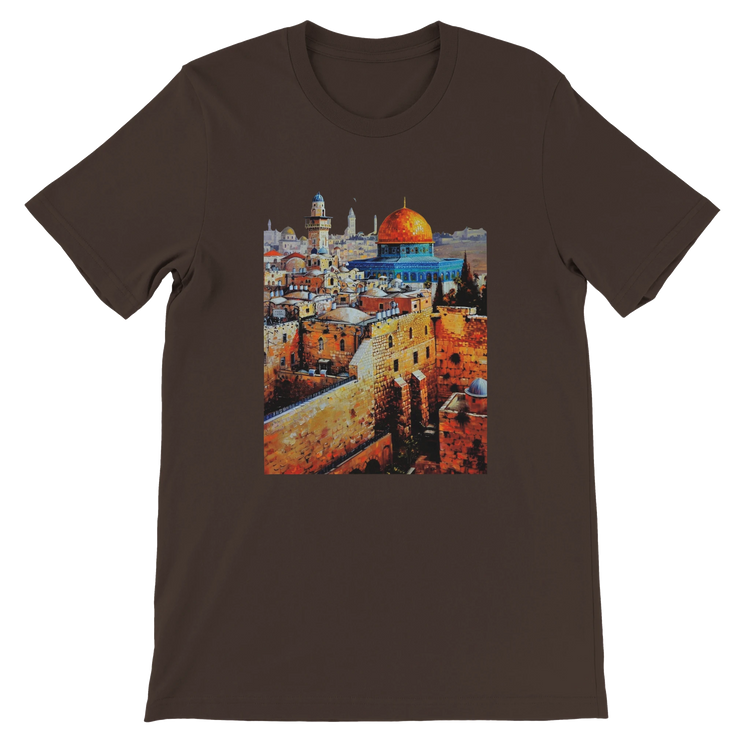 Brown Al Aqsa Mosque animated landmark T-shirt with unique artistic print celebrating cultural heritage. Premium cotton unisex tee for travelers streetwear enthusiasts and lovers of Islamic architecture.