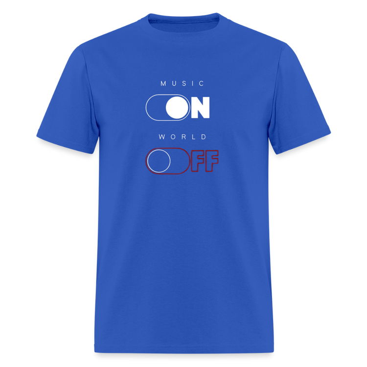 Royal blue T-shirt with Music ON-World OFF design.