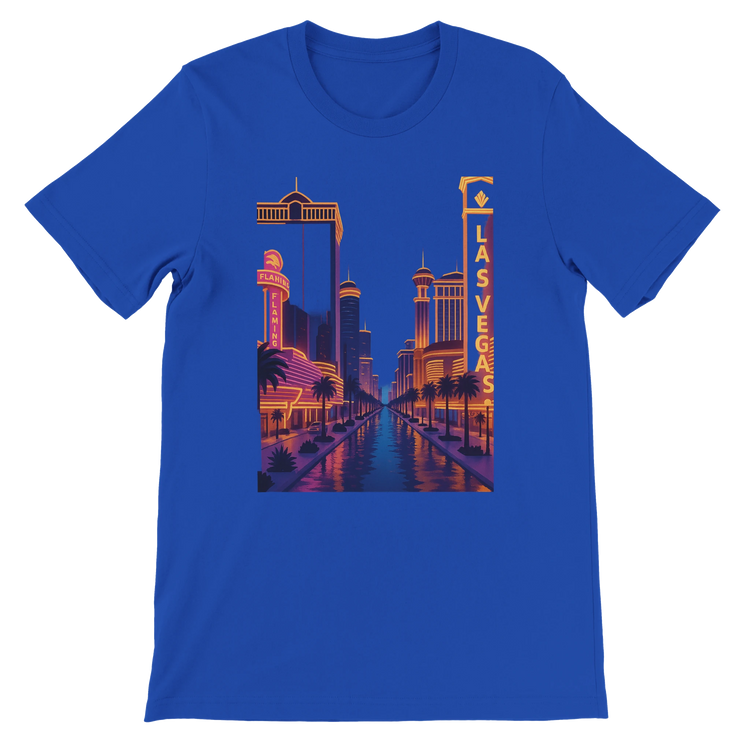 True Royal blue Las Vegas City Animated Style graphic tee with an artistic animated skyline design of Las Vegas. High-quality cotton streetwear shirt for travelers culture lovers and fans of bold colorful city prints.