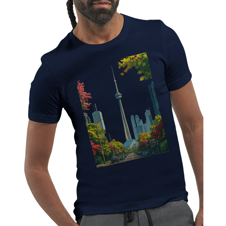 Premium DTG printed Toronto skyline tee with colorful animated CN Tower design crafted from 100 percent Airlume combed cotton soft unisex fit perfect for casual wear urban fashion and travel inspired looks.