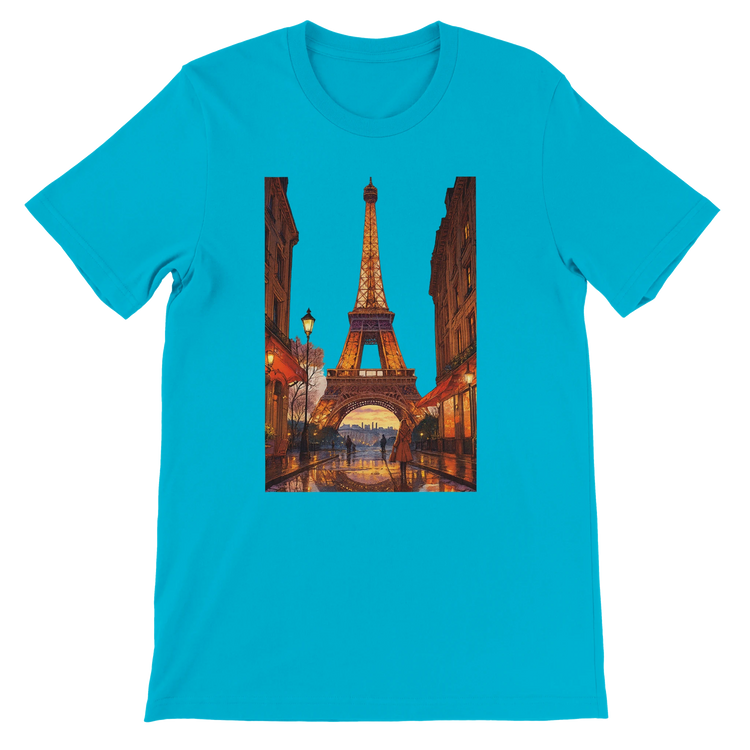 Turquoise animated Eiffel Tower Paris t-shirt with artistic travel themed design perfect for streetwear and travel fashion made with breathable premium cotton and eco friendly materials unisex fit ideal for print on demand clothing fans