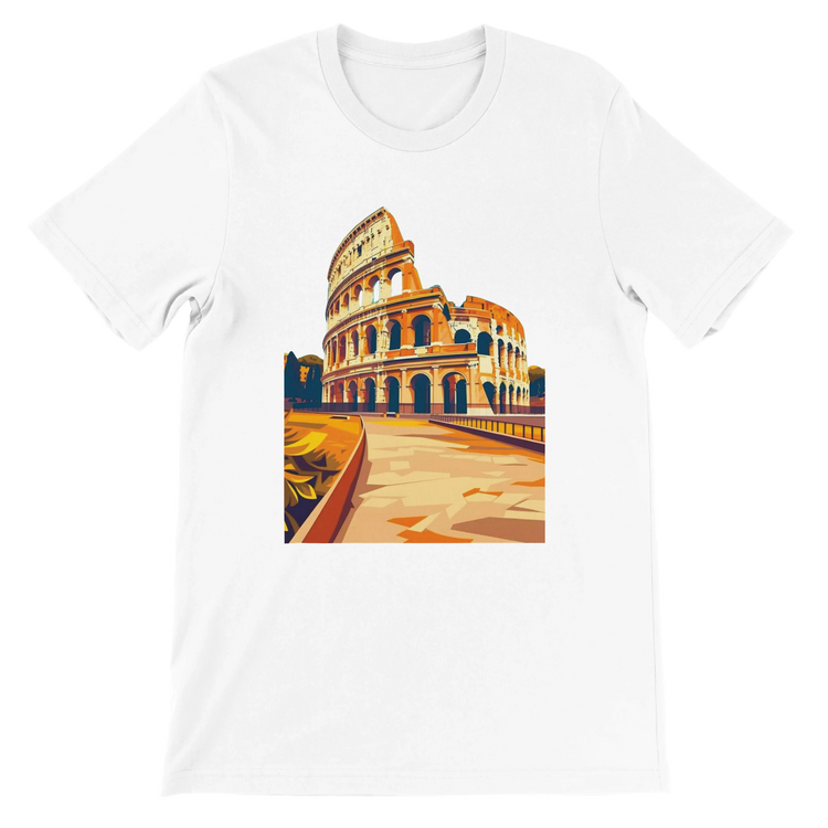 White Rome Colosseum animated style t-shirt featuring bold artistic landmark design in premium cotton fabric. Unisex travel lovers tee for Rome enthusiasts, Italian culture fans and global streetwear fashion. Perfect gift for history buffs and art lovers.