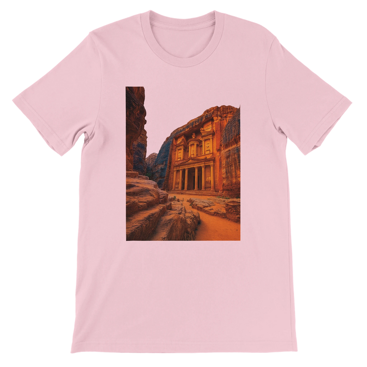 Pink Petra Jordan animated style t shirt showcasing colorful world heritage site design premium cotton fabric unisex fit and travel inspired streetwear style ideal for cultural fashion enthusiasts and wanderlust lovers