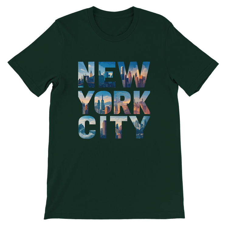 Forest green NYC skyline graphic t shirt animated lettering premium cotton comfortable unisex fit stylish streetwear for travel fans and New York lovers