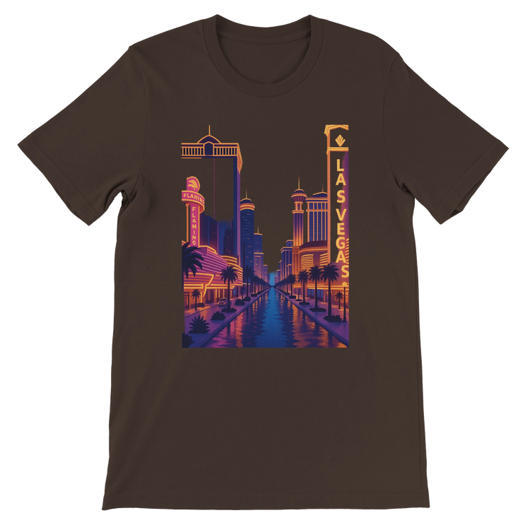 Brown Las Vegas City Animated Style graphic t-shirt featuring bold cartoon-style artwork of Las Vegas landmarks. Soft comfortable cotton shirt for wanderlust lovers and modern city street style.