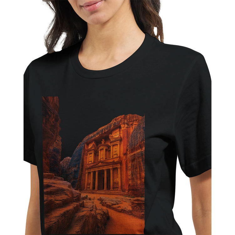 Petra in Jordan animated landmark t shirt with vibrant travel inspired art soft premium cotton breathable comfort perfect for global explorers streetwear enthusiasts and cultural heritage fashion