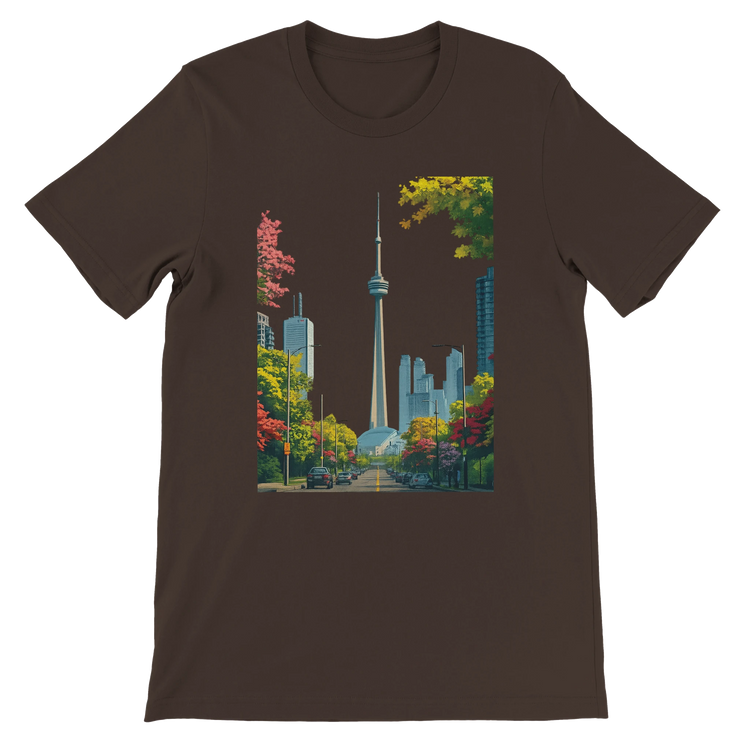 Brown Toronto skyline t shirt featuring animated CN Tower artwork and colorful city skyline design. Premium cotton unisex top for travelers and fashion lovers who want to wear artistic interpretations of world landmarks. Soft eco friendly tee perfect for stylish streetwear outfits.