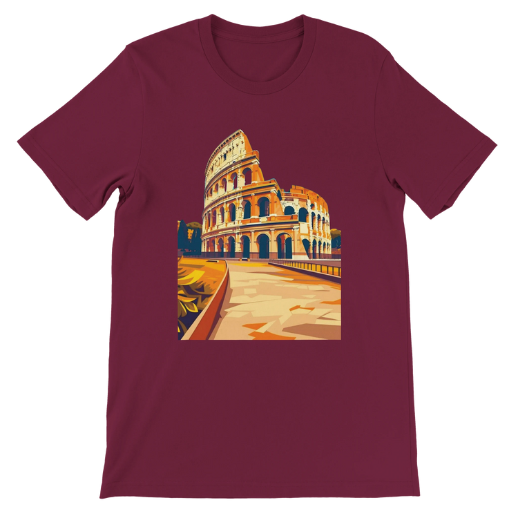 Maroon Rome Colosseum graphic t-shirt featuring colorful animated landmark design for history enthusiasts. Unisex premium cotton travel tee for Rome fans, cultural fashion seekers and everyday streetwear outfits.