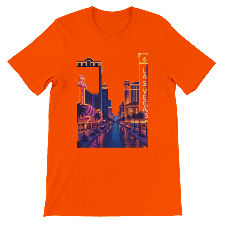 Orange Las Vegas City Animated Style t-shirt showcasing a bright animated design of Las Vegas landmarks in vivid colors. Premium cotton unisex travel fashion tee for nightlife lovers streetwear enthusiasts and city-inspired outfits.