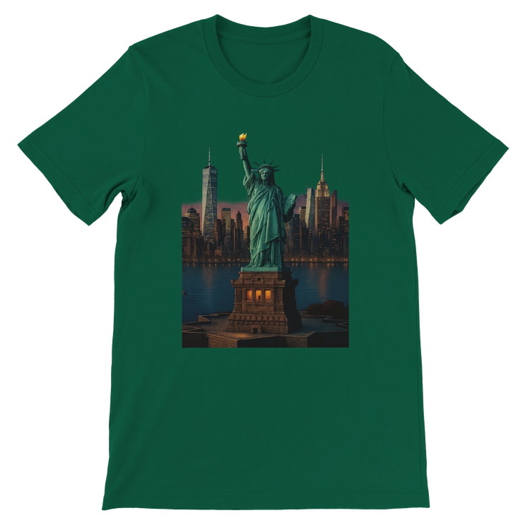 Evergreen Statue of Liberty New York City animated graphic t-shirt with premium cotton comfort. Perfect for patriotic fashion streetwear enthusiasts and animated landmark clothing collectors.