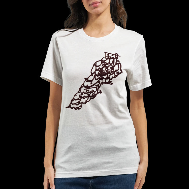 White t-shirt featuring a Lebanon map in brown Arabic calligraphy design.