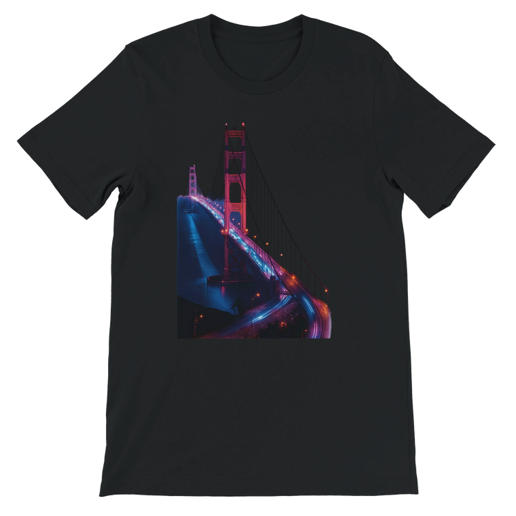 Black Golden Gate Bridge animated style t shirt with vibrant city landmark illustration for urban fashion and travel inspired outfits. Premium cotton shirt perfect for everyday wear street style and global culture apparel.