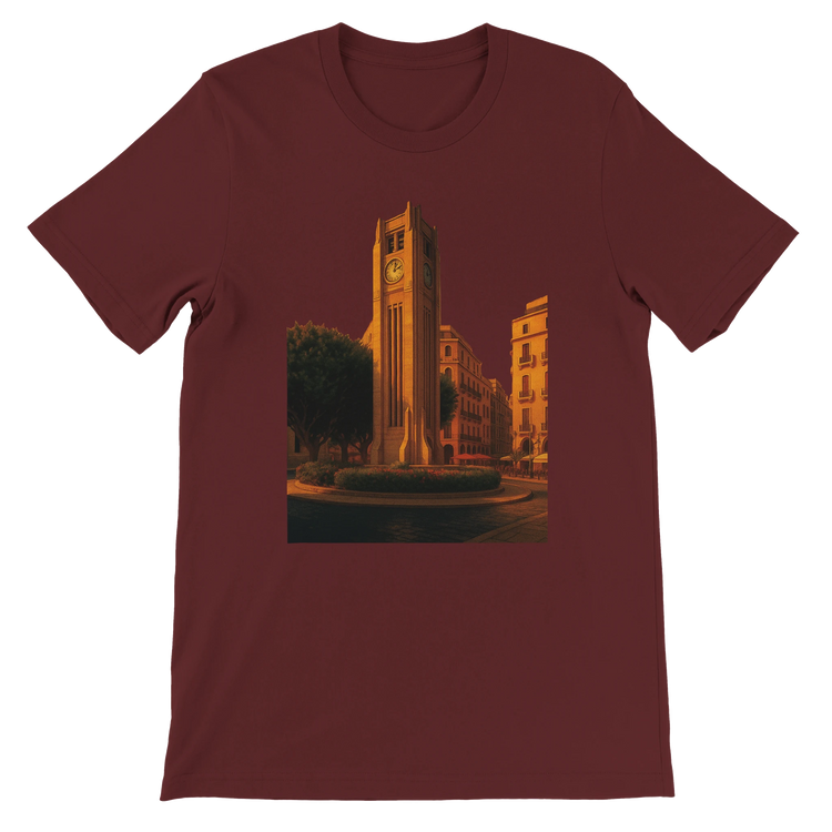 Heather maroon Beirut animated landmark t-shirt with Solidere Square design in vivid DTG colors for travel lovers street style enthusiasts and premium comfort urban fashion wear