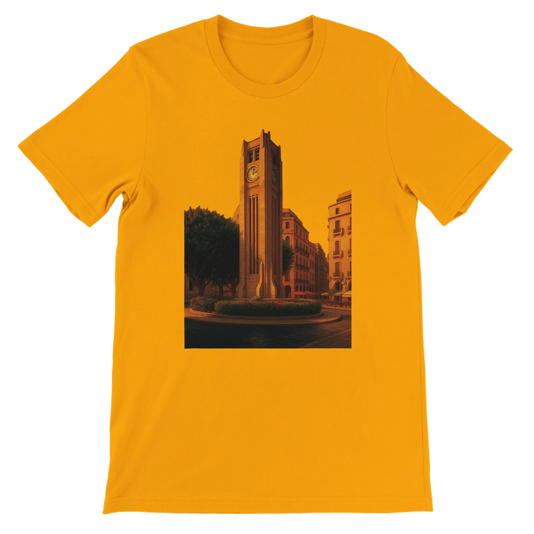 Gold Beirut animated landmark t-shirt with detailed Solidere Square city art printed in bold DTG colors on high quality cotton perfect for cultural streetwear travel fashion and global city lovers