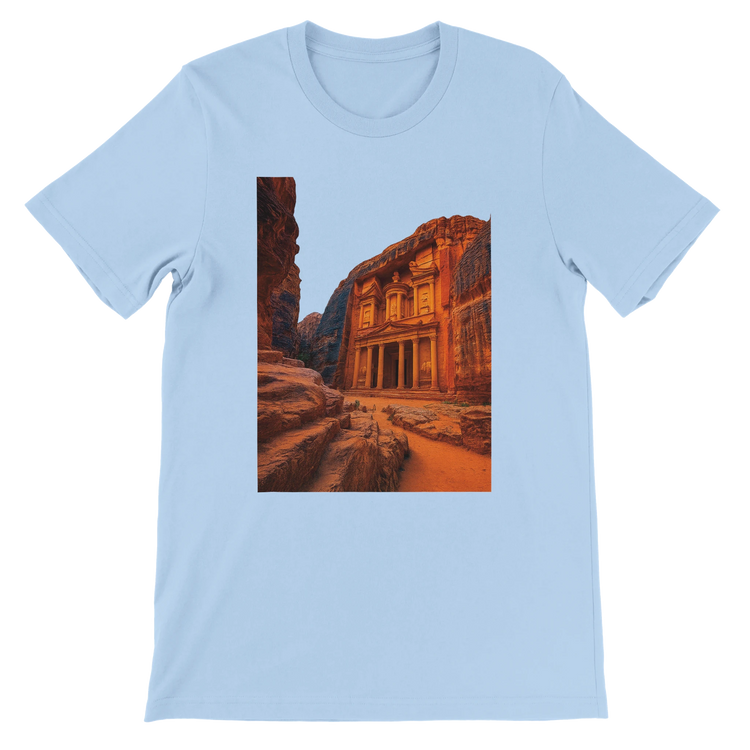 Baby blue Petra in Jordan animated style t shirt with colorful historic landmark design made for travel lovers comfortable cotton fit eco friendly print on demand fashion perfect for everyday cultural wear