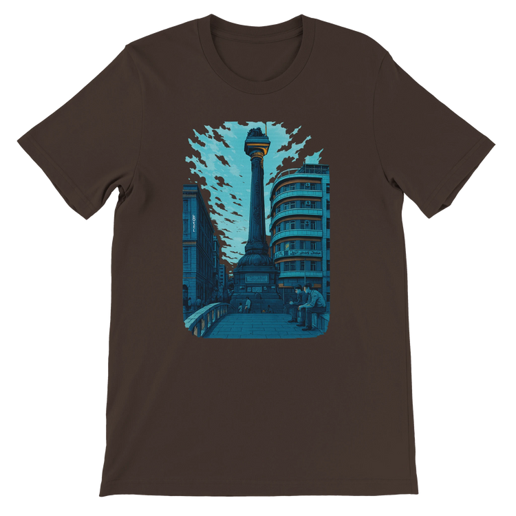 Brown unisex T shirt with artistic animated Al Marjeh Square Damascus Syria print durable eco friendly cotton shirt for cultural fashion travelers and urban style lovers