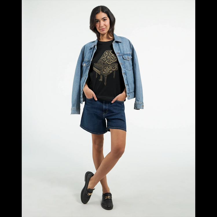 Stylish black t-shirt with bold Arabic calligraphy and music-inspired design. Designed for DTG printing with eco-conscious cotton, ideal for print-on-demand lovers and expressive fashion.