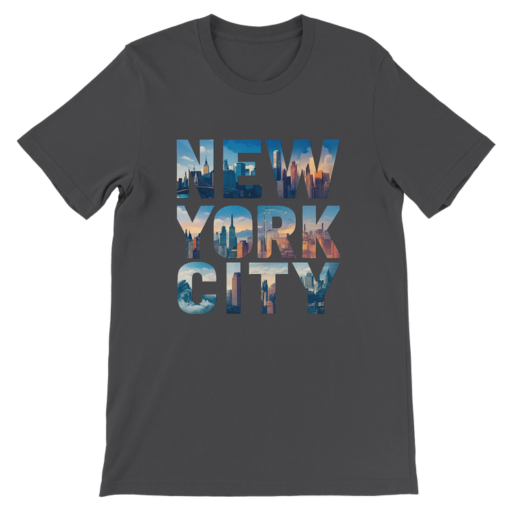 Dark grey New York City skyline graphic t shirt animated lettering design premium quality cotton comfortable fit stylish urban streetwear fashion for city explorers and travelers