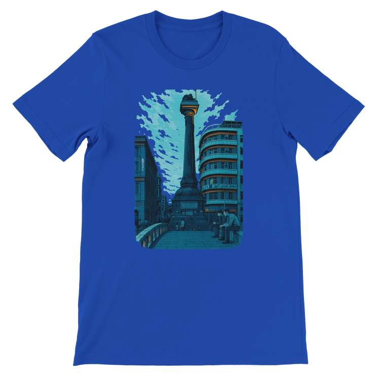 True royal blue unisex T shirt with animated depiction of Al Marjeh Square Damascus Syria high quality cotton tee for cultural streetwear travelers and global fashion lovers