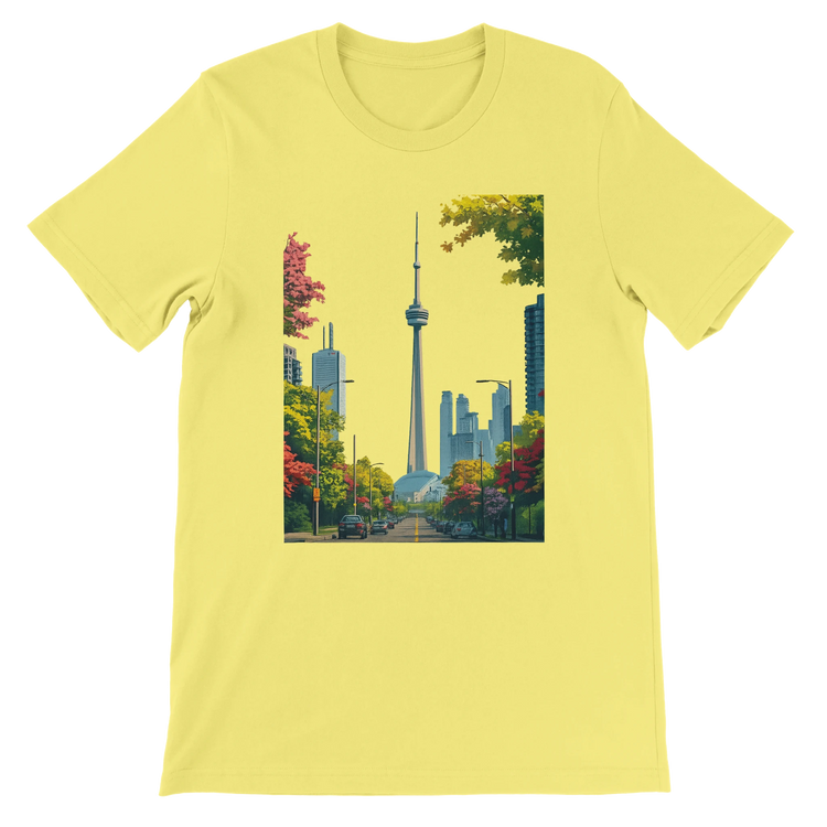 Yellow Toronto city skyline t shirt with animated CN Tower design printed on premium cotton for a soft breathable feel. Travel themed streetwear top for explorers and city lovers who enjoy vibrant landmark artwork and modern urban fashion. High quality DTG printed tee perfect for casual wear and gifting.