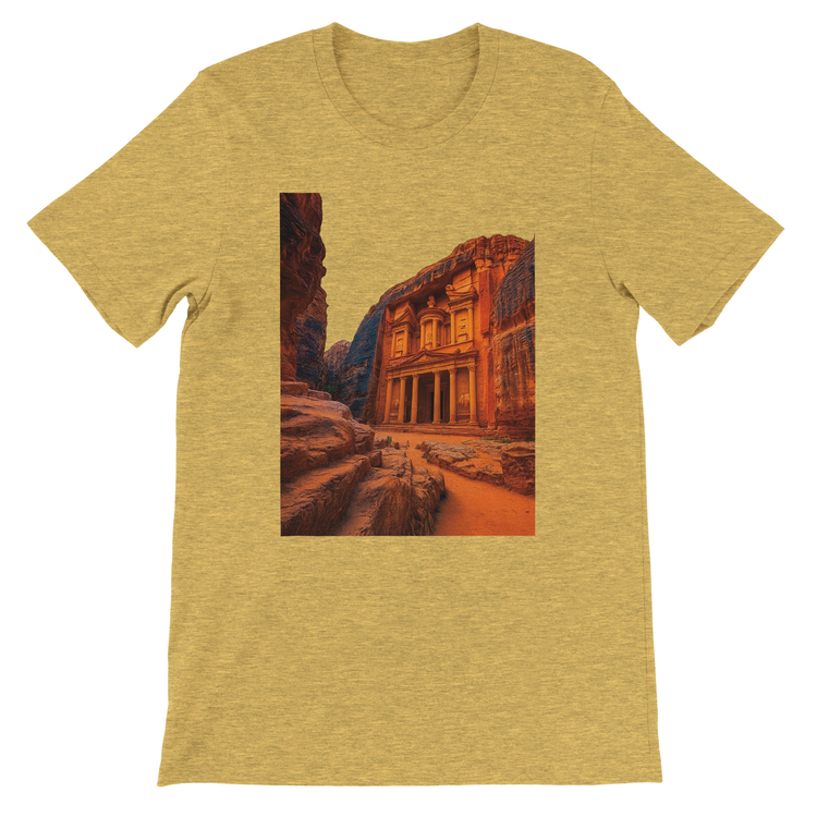 Heather yellow gold Petra in Jordan animated landmark shirt soft breathable cotton fabric vibrant travel themed art unisex streetwear essential for global culture fashion and adventure clothing collections