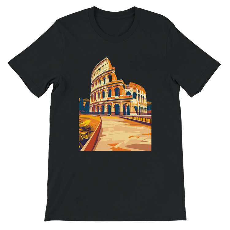 Black Rome Colosseum animated graphic tee with detailed Italian landmark design for travel lovers and history fans. Premium cotton unisex streetwear shirt for global culture fashion and print on demand enthusiasts.