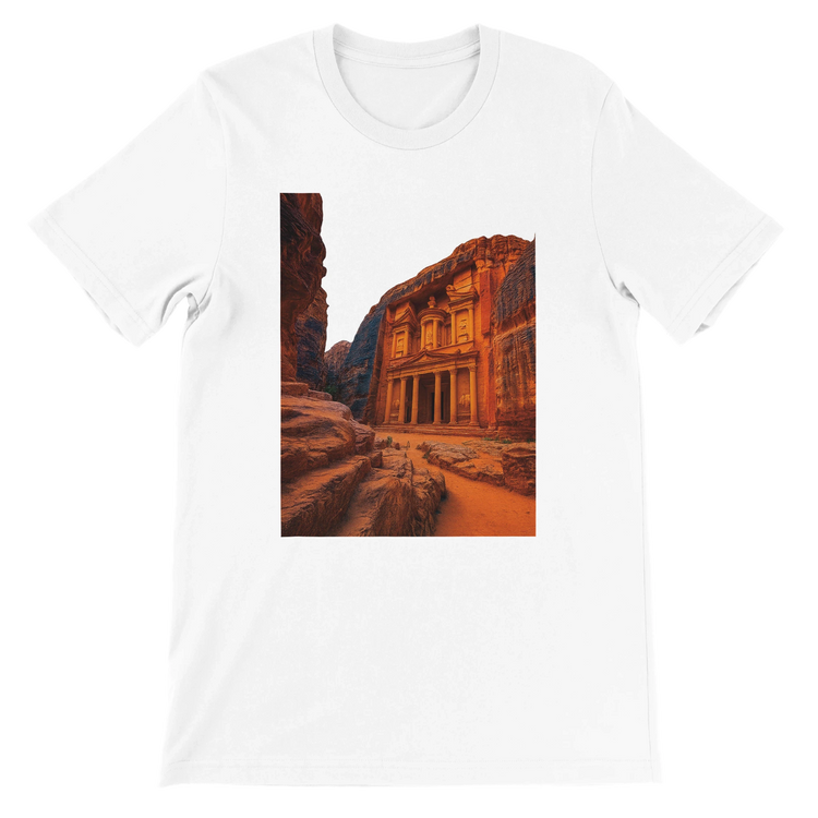 White Petra in Jordan Animated Style t shirt featuring bold colorful landmark design soft premium cotton fabric perfect for travel lovers cultural fashion streetwear enthusiasts and print on demand clothing collections