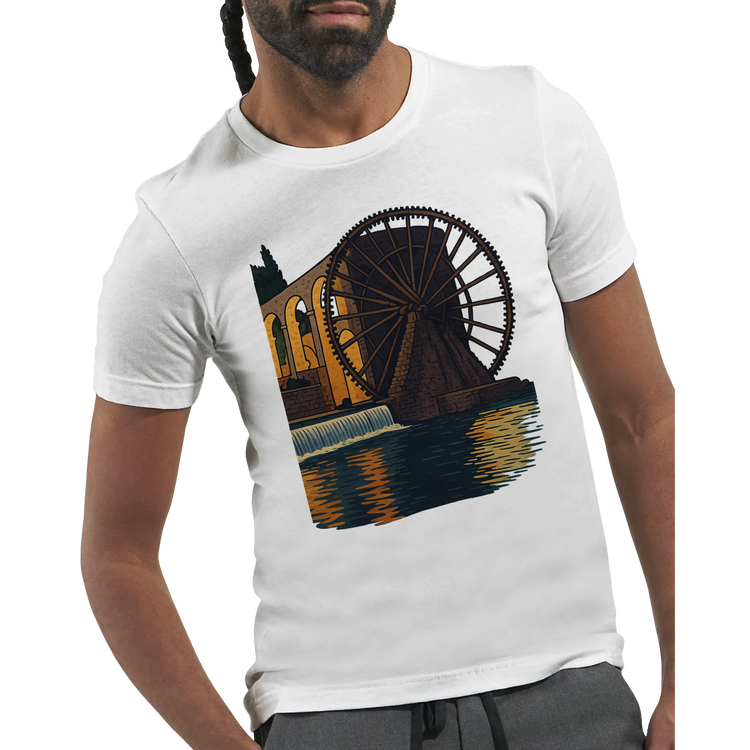 Art lover graphic tee with unique animated landmark design of Hama WaterWheels Syria crafted from premium eco friendly cotton for everyday wear
