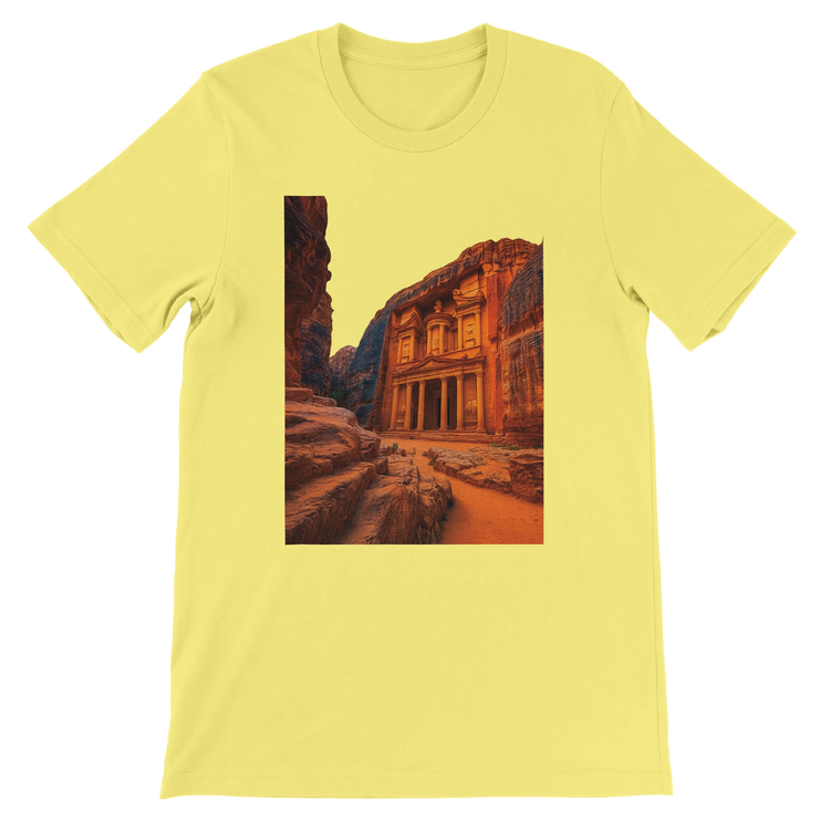 Yellow Petra in Jordan animated landmark t shirt made with 100 percent cotton vibrant travel inspired art comfortable unisex fit ideal for adventure seekers street style fashion and global culture clothing fans