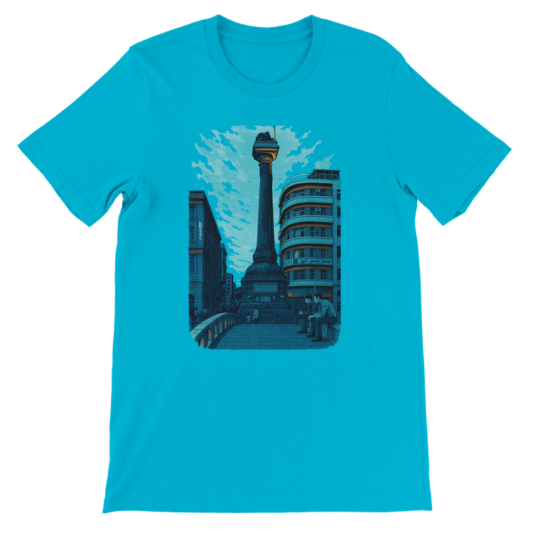 Turquoise unisex T shirt featuring animated art of Al Marjeh Square Damascus Syria soft eco friendly cotton perfect for vibrant streetwear travel outfits and print on demand products