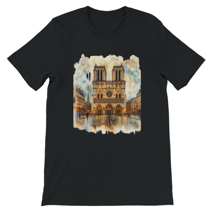 Black Notre Dame Cathedral Paris landmark art t shirt with bold animated city design. Premium eco friendly cotton tee perfect for street style, travel fashion lovers, and everyday cultural outfits.