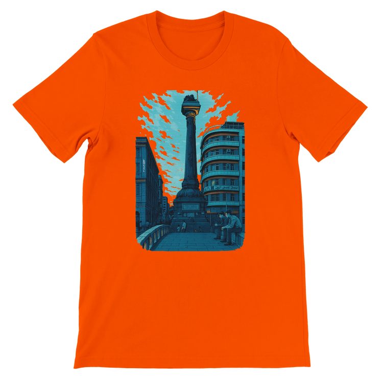 Orange premium cotton T shirt with animated Al Marjeh Square Damascus Syria illustration stylish urban fashion piece for cultural travelers art lovers and casual streetwear collections