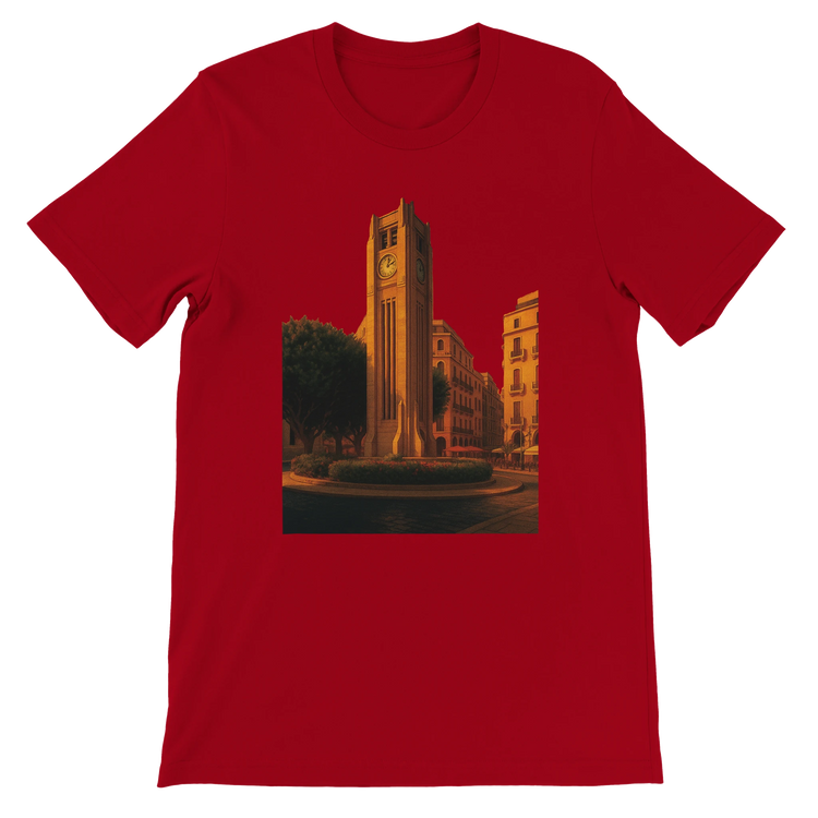 Red Beirut animated style landmark t-shirt featuring vibrant Solidere Square artwork on premium cotton for bold streetwear travel inspired looks and culture rich graphic fashion