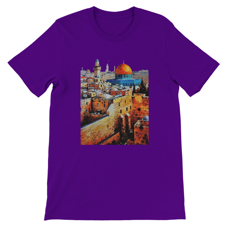 Team purple Al Aqsa Mosque animated style mosque graphic T-shirt with vibrant artistic print. Premium unisex cotton tee ideal for cultural heritage fashion streetwear outfits and travel inspired clothing.