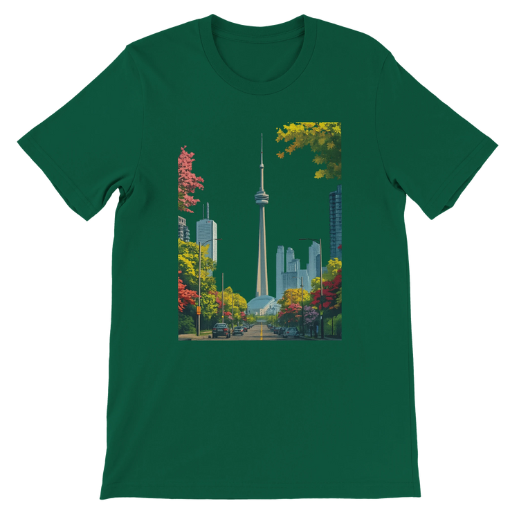 Evergreen Toronto skyline t shirt with animated CN Tower print on high quality breathable cotton. Perfect for world travelers and modern street style fans who want to wear iconic landmarks with a creative twist. Soft unisex tee made with eco friendly materials for lasting comfort.