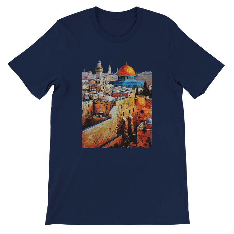 Navy blue Al Aqsa Mosque animated landmark T-shirt with modern graphic illustration. Premium unisex cotton tee for Islamic art lovers cultural heritage fashion and stylish urban wear.