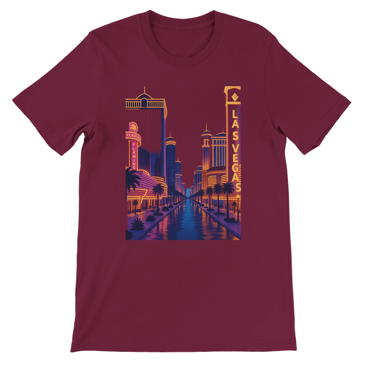 Maroon Las Vegas City Animated Style t-shirt with vibrant animated city skyline print of Las Vegas. Premium cotton unisex graphic tee perfect for travel outfits city culture fashion and streetwear looks.