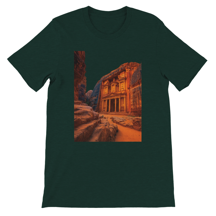 Heather emerald Petra in Jordan animated style t shirt colorful heritage site illustration premium cotton unisex travel wear perfect for cultural fashion lovers and print on demand streetwear fans