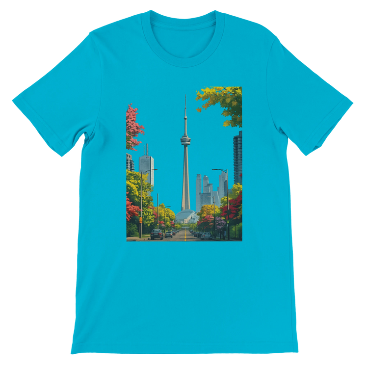 Turquoise Toronto skyline t shirt featuring animated CN Tower illustration with a bright and artistic city landscape. Travel inspired unisex streetwear made from soft premium cotton for all day comfort. Ideal for global culture lovers and those who enjoy vibrant landmark apparel.