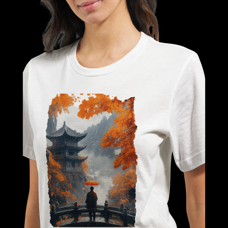 Travel-inspired t-shirt with pagoda, red umbrella, and bridge scene.