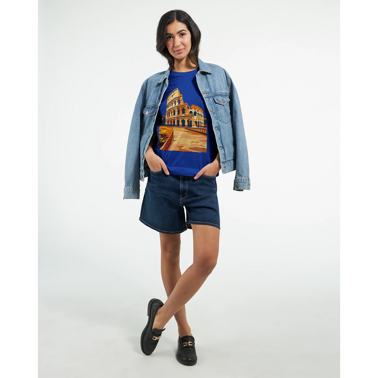 Tourist attraction art shirt with animated Roman Colosseum print for vacation wear, cultural festivals and casual streetwear outfits. Made with eco friendly cotton for travel and daily fashion.