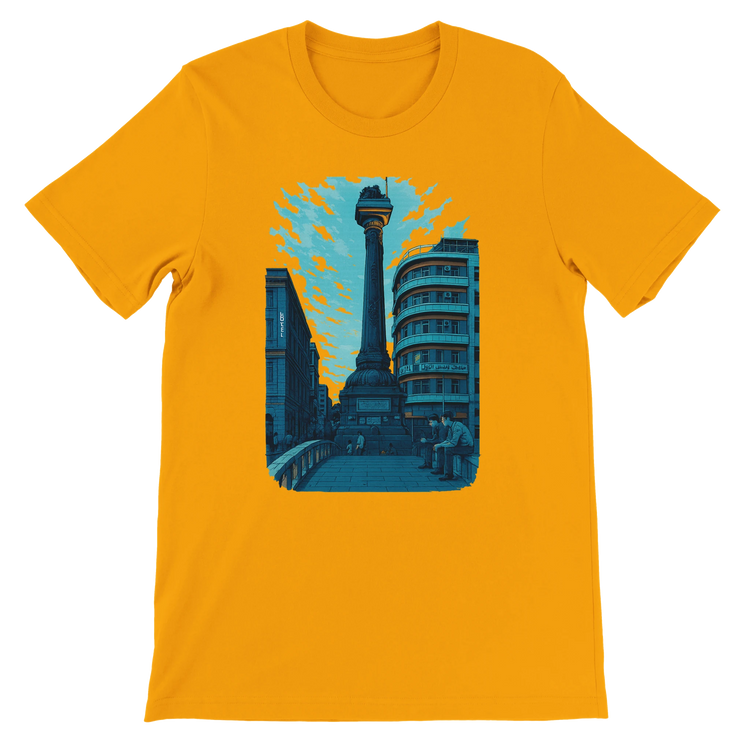 Gold premium cotton T shirt showcasing animated Al Marjeh Square Damascus Syria design comfortable and durable shirt for streetwear enthusiasts cultural fashion fans and travelers