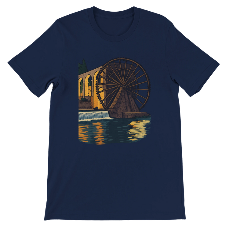 Navy blue animated landmark t-shirt with colorful depiction of the Hama WaterWheels of Syria. Crafted with soft Airlume cotton for lasting comfort. Designed for travel-inspired streetwear, art lovers, and global culture fans.
