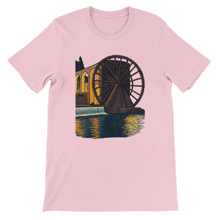 Pink animated landmark t-shirt showcasing the historic Hama WaterWheels of Syria in a modern illustrated design. Soft unisex cotton tee ideal for travelers, culture fans, and stylish casual wear. Designed for vibrant DTG printing and long-lasting comfort.