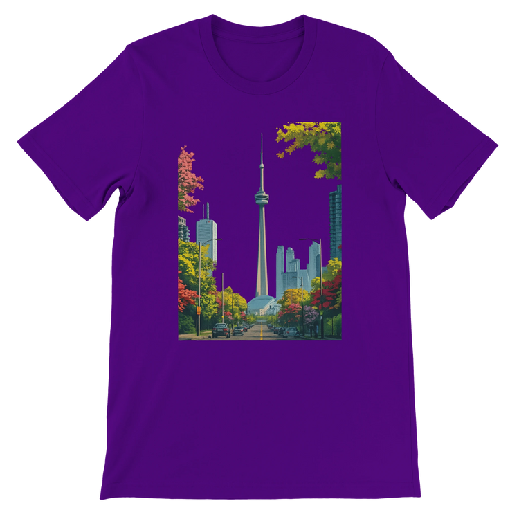 Team purple Toronto skyline t shirt featuring animated CN Tower design with colorful city skyline print. Premium cotton unisex tee for travel lovers and stylish streetwear enthusiasts. Soft eco friendly fabric makes it perfect for everyday wear and bold urban looks.