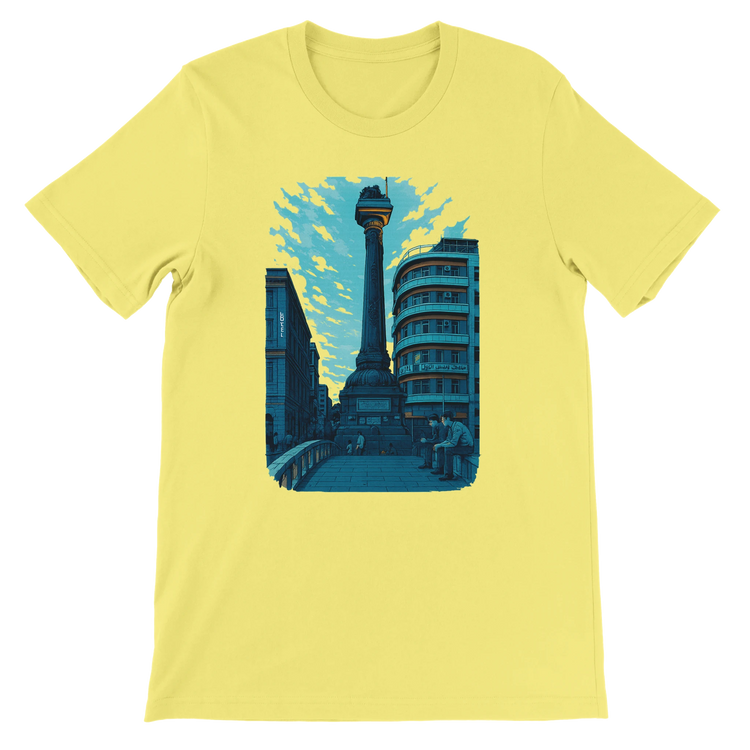 Yellow unisex T shirt with animated Al Marjeh Square in Damascus Syria design premium cotton comfortable fit ideal for travel lovers cultural streetwear and trendy print on demand clothing