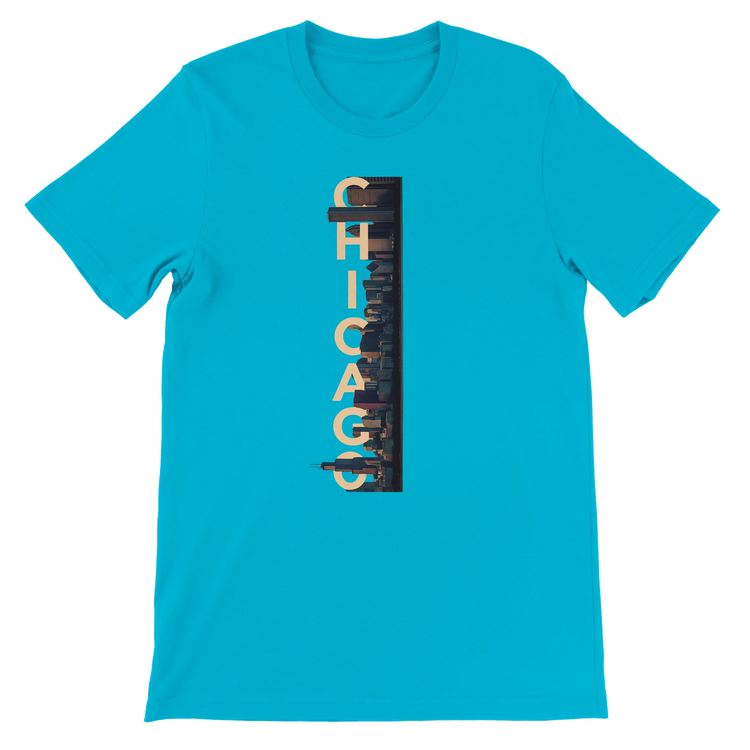 Turquoise Chicago City Graphic T Shirt with bright animated skyline artwork premium quality cityscape tee for streetwear lovers travel fashion and Chicago enthusiasts