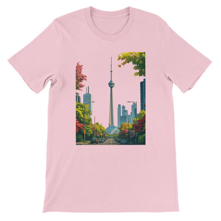 Pink Toronto skyline cotton t shirt with colorful animated CN Tower and artistic city view. Perfect for travelers and dreamers who love vibrant landmark graphics and stylish urban streetwear. Soft unisex fit tee made with eco friendly cotton and ideal for DTG printing.
