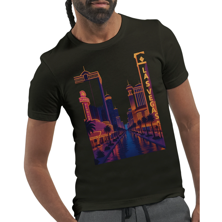 Bold streetwear graphic tee with Las Vegas city lights illustration for city culture lovers music festival fashion and casual urban outfits.
